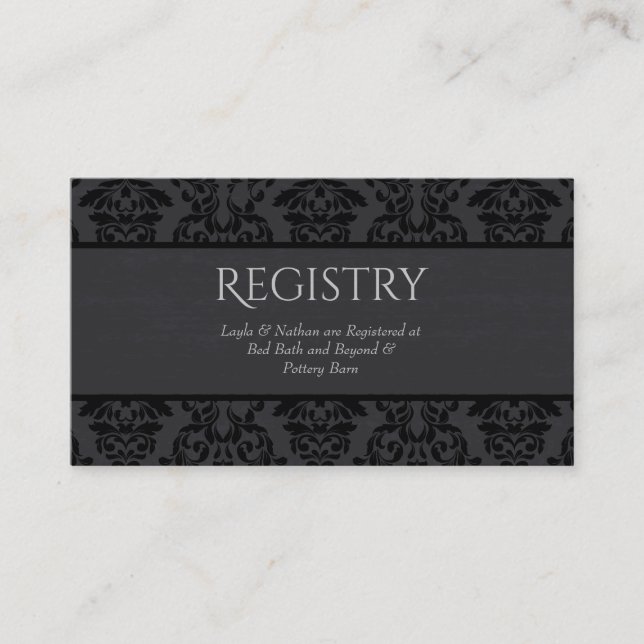 Black & Grey Damask Wedding Registry Card (Front)