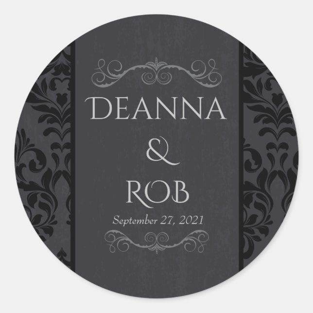 Black & Grey Damask Wedding Stickers (Front)