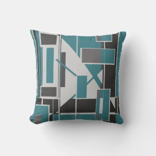 Black Grey Dark Teal Boxes Abstract Labyrinth Cushion