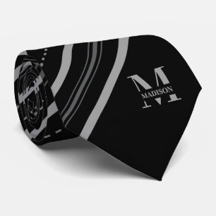 Black & Grey Diagonal Stripe with Monogram & Name Tie