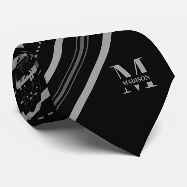 Black & Grey Diagonal Stripe with Monogram & Name Tie (Rolled)