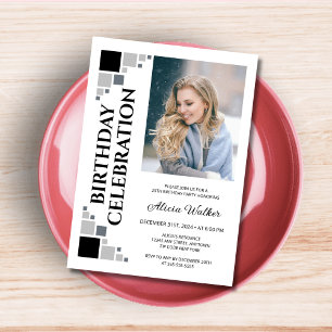 Black Grey Digital Frame Corner Photo Birthday  Invitation