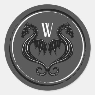 Black Grey Dragon Monogram Fantasy Wedding  Classic Round Sticker