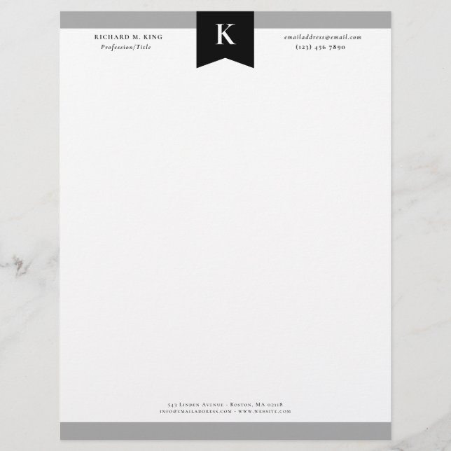 Black Grey Elegant Bold Monogram Contact Info Custom Letterhead (Front)
