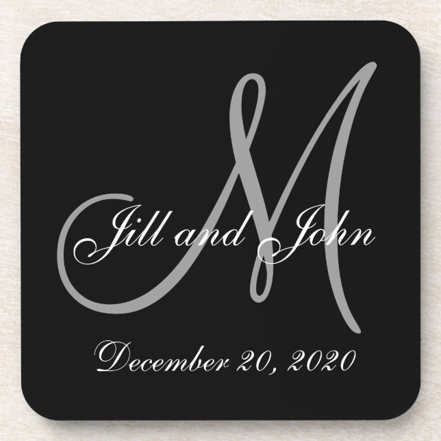 Black Grey Elegant Monogram Wedding Coaster (Front)