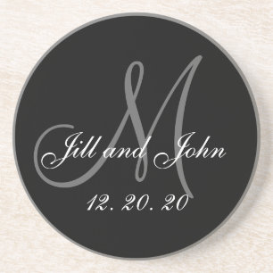 Black Grey Elegant Monogram Wedding Coaster
