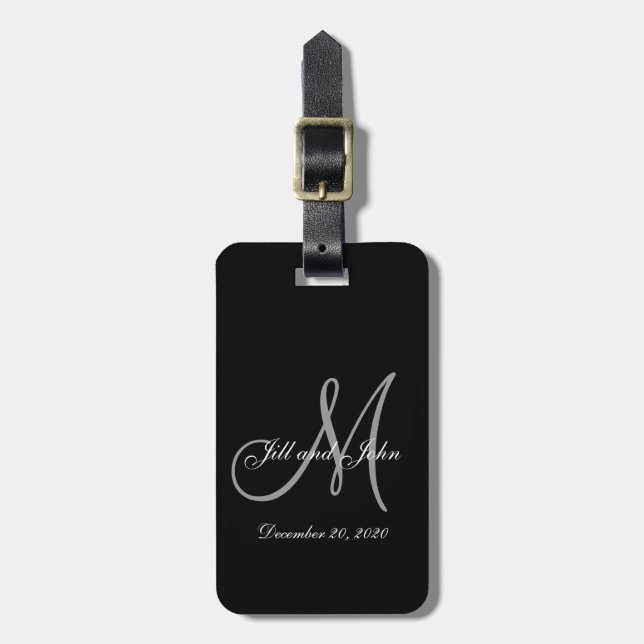 Black Grey Elegant Monogram Wedding Luggage Tag (Front Vertical)