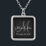 Black Grey Elegant Monogram Wedding Silver Plated Necklace<br><div class="desc">Elegant Monogram Wedding Necklace. Design by Elke Clarke © 2008 for MonogramGallery at Zazzle. Black and white with grey initial text overlay with bride and groom names and wedding date. Great wedding gift,  wedding keepsake or wedding favour.</div>