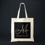 Black Grey Elegant Monogram Wedding Tote Bag<br><div class="desc">Elegant Monogram Wedding Tote Bags. Design by Elke Clarke © 2008 for MonogramGallery at Zazzle. Black and white with grey initial text overlay with bride and groom names and wedding date. Great destination wedding guest bag,  wedding gift,  wedding keepsake or wedding favour.</div>