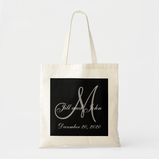Black Grey Elegant Monogram Wedding Tote Bag (Front)