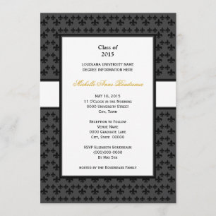 Black Grey Fleur de Lis Border Formal Graduation Invitation