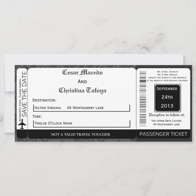 Black Grey Formal Boarding Pass Wedding Invitation (Front)