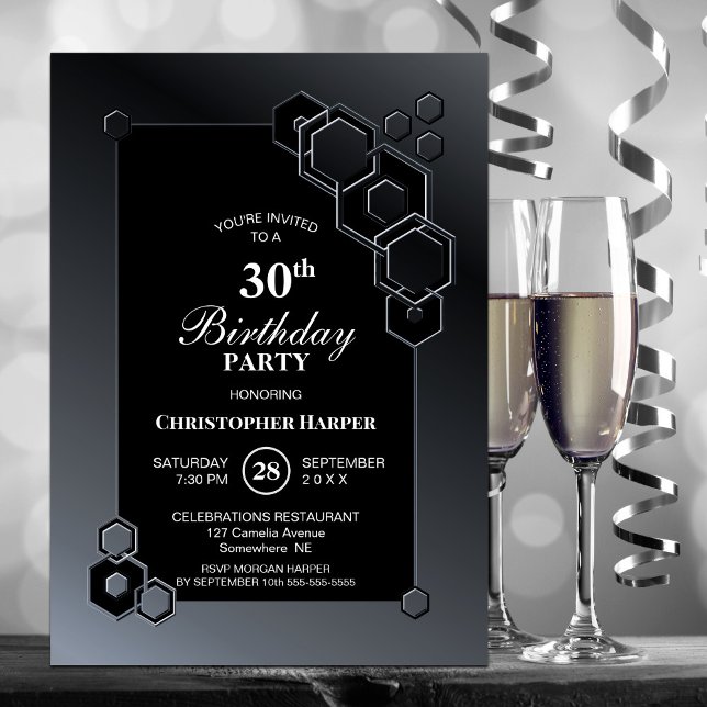 Black Grey Geometric 30th Birthday Party Invitation (Creator Uploaded)