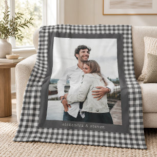 Black Grey Gingham Preppy Couple Photo Custom Fleece Blanket