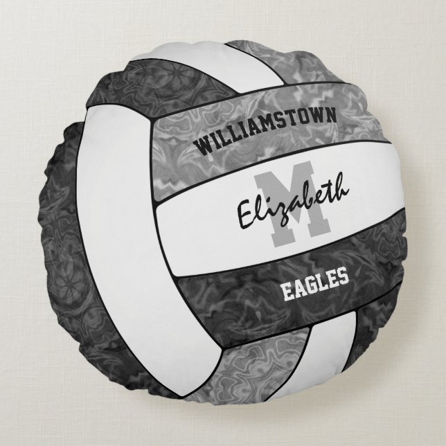 black grey girls sports volleyball team colours round cushion (Front)