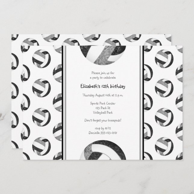 black grey girls' volleyball birthday party invitation (Front/Back)