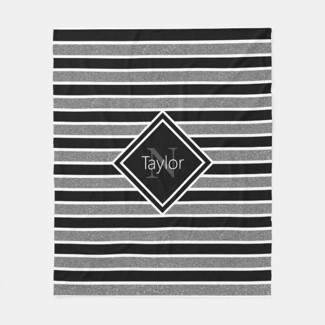 Black Grey Glitter Stripes Monogram Name Fleece Blanket (Front)