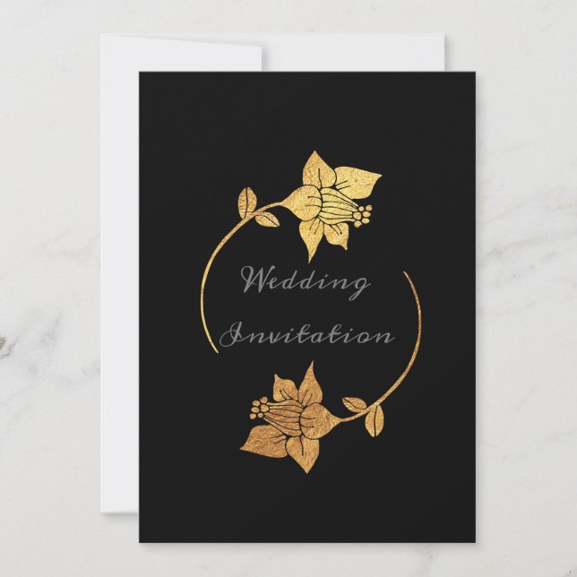 Black Grey Gold Floral Wreath Luxury Elegant Invitation (Front)