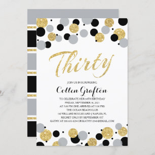 Black Grey Gold Glitter Confetti 30th Birthday Invitation