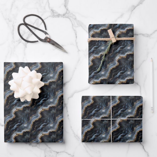 Black, Grey & Gold Marble Wrapping Paper Sheet (Front)