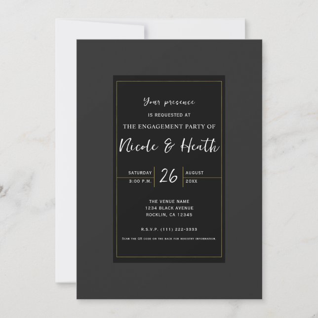 Black Grey Gold Modern Minimal Elegant Engagement Invitation (Front)