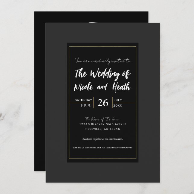 Black Grey Gold Modern Minimal Elegant Wedding Invitation (Front/Back)