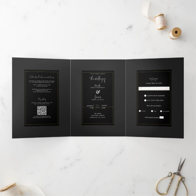 Black Grey Gold Modern Minimal Elegant Wedding Tri-Fold Invitation (Inside)