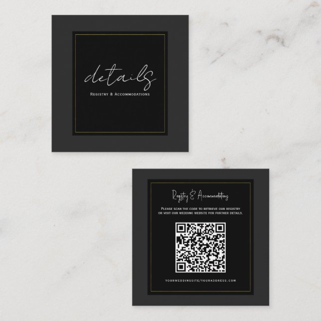 Black Grey Gold Modern Minimal Wedding Details  Square Business Card (Front/Back)