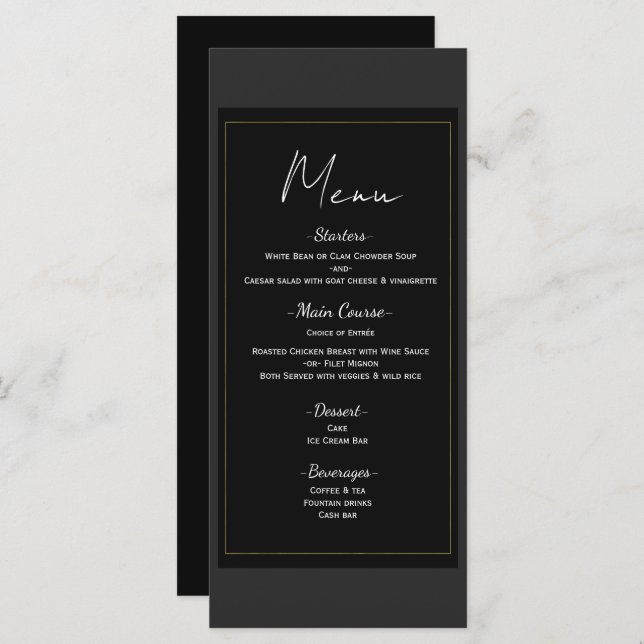 Black Grey Gold Modern Minimal Wedding Menu (Front/Back)