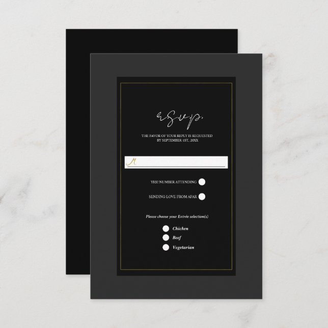 Black Grey Gold Modern Minimal Wedding RSVP (Front/Back)