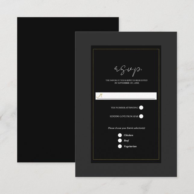 Black Grey Gold Modern Minimal Wedding RSVP Card (Front/Back)
