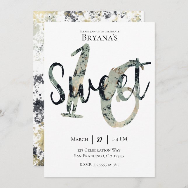 Black Grey Gold Modern Sweet 16 Birthday Party Invitation (Front/Back)