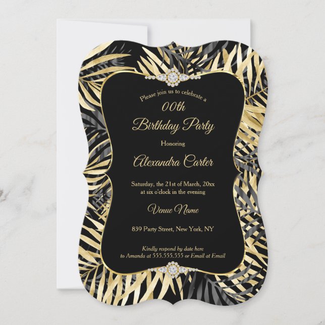 Black Grey Gold Palms Diamond Birthday Party Invitation (Front)