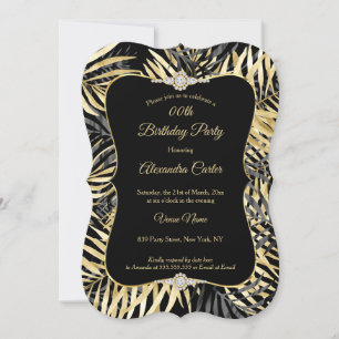 Black Grey Gold Palms Diamond Birthday Party Invitation