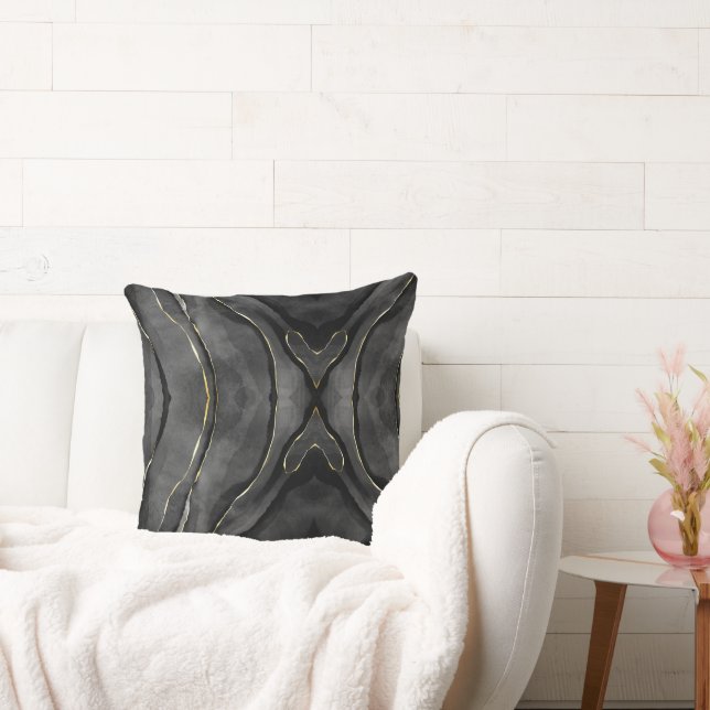 Black Grey Gold Streaks Abstract Throw Pillow (Couch)