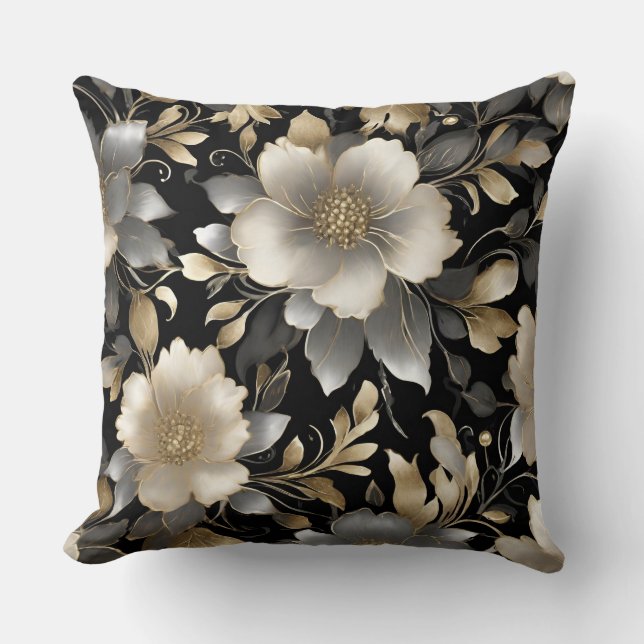 Black Grey Gold White Floral Cushion (Front)