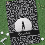 Black Grey Golf Golfer Silhouette Pattern For Her Golf Towel<br><div class="desc">Your favourite golfer will love this design created especially for her. Female golfer silhouette is placed on a realistic image of a golf ball. A coordinating ribbon completed in trendy sophisticated black is positioned slightly below the golfer and is the template for custom name or text in white script calligraphy....</div>