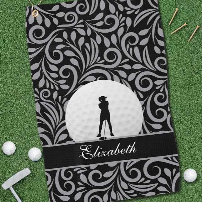 Black Grey Golf Golfer Silhouette Pattern For Her Golf Towel (Creator Uploaded)