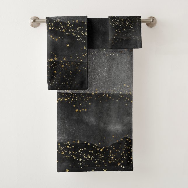 Black grey gradient cosmic star space bath towel set (Insitu)