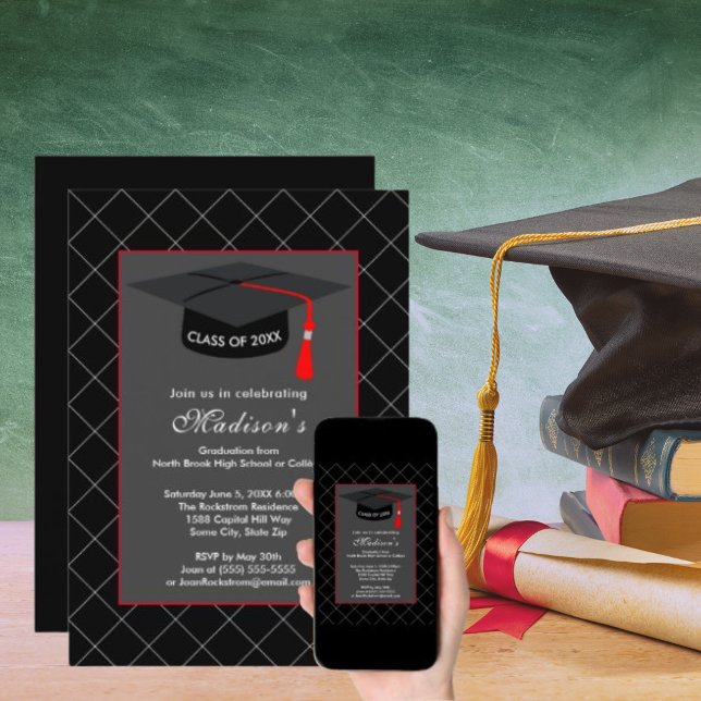 Black & Grey Graduation Class of Black Grad Cap Invitation (Black & Gray Graduation Class of Black Grad Cap Invitation)