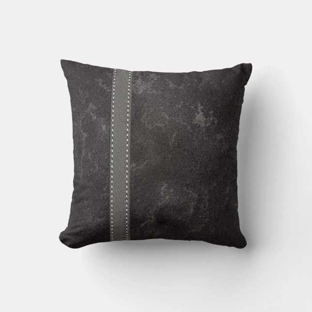 Black Grey Graphic Faux Leather and Strap Design Cushion (Front)