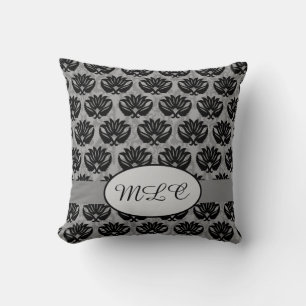 Black Grey Grey Monogram Damask Custom Cushion