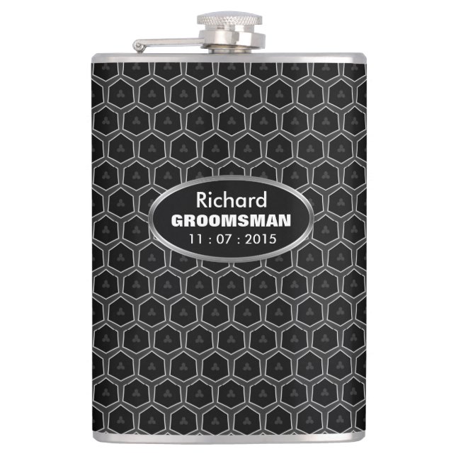 Black Grey Grill Honeycomb Groomsmen Gift Hip Flask (Front)