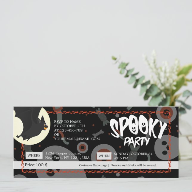 Black & grey Halloween Spooky Party Ticket Save The Date (Standing Front)