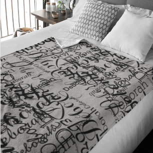 Black Grey Handwritten Fonts Name Pattern Fleece Blanket