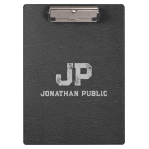 Black Grey Leather Look Distressed Name Monogram Clipboard