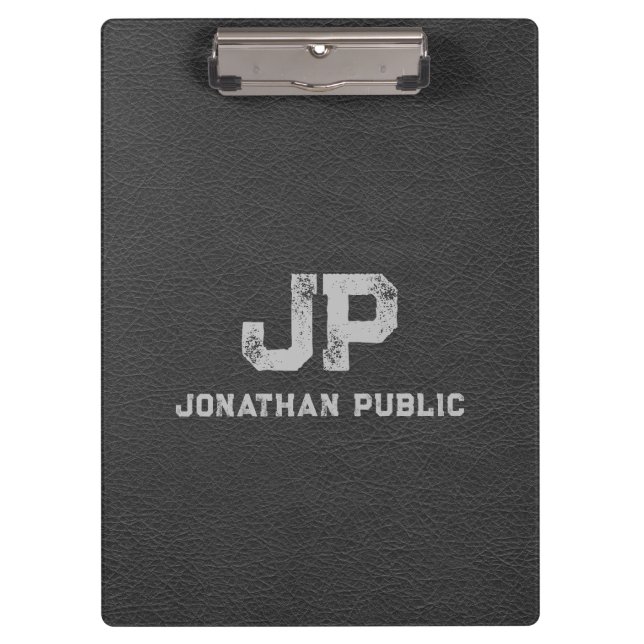 Black Grey Leather Look Distressed Name Monogram Clipboard (Front)