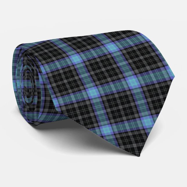 Black Grey Light Blue Tartan Plaid Tie (Rolled)