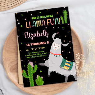 Black Grey Llama Fun Llama Birthday Invitations