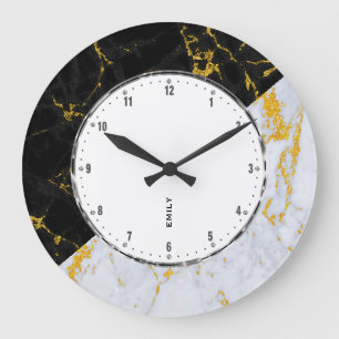 Black & Grey Marble, Gold Accent Geometric Design Large Clock
